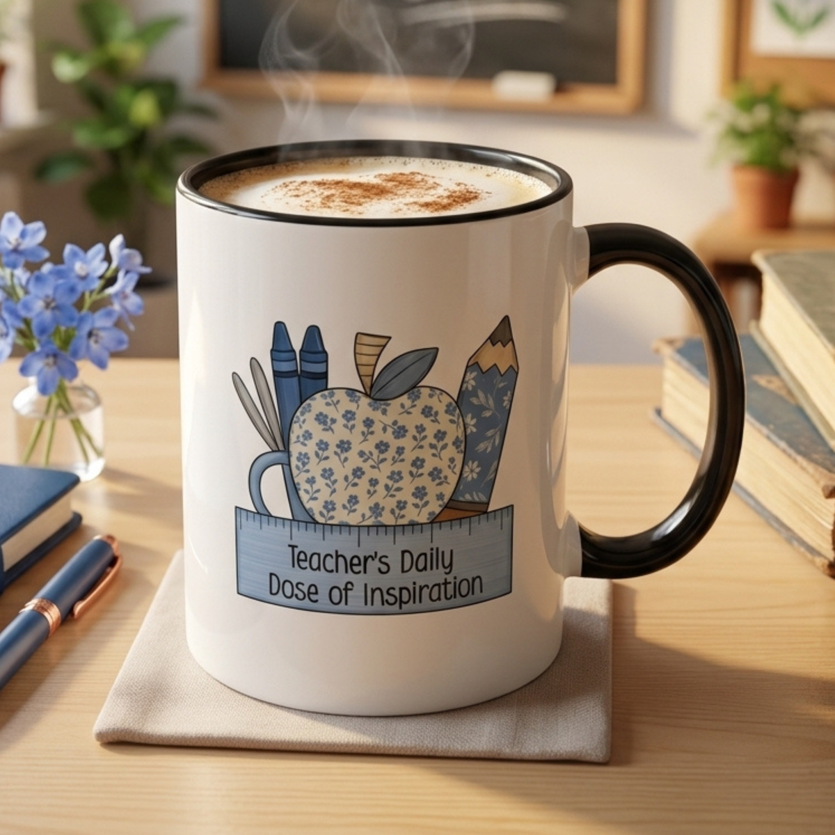 Teacher's Daily Dose of Inspiration Mug | Teacher Gift | Back to School Coffee Cup | Floral Apple Teacher Appreciation | 11oz/15oz