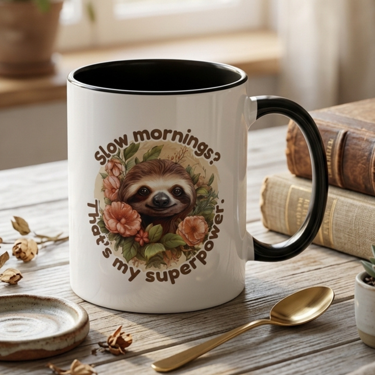 Trendy Sloth Coffee Mug - "Slow mornings? That's my superpower." Funny Animal Ceramic Mug