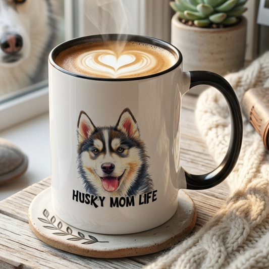 Husky Mom Life Coffee Mug - Portrait Siberian Husky Dog Mom Gift, Pet Parent Ceramic Mug for Husky Owners 11oz/15oz