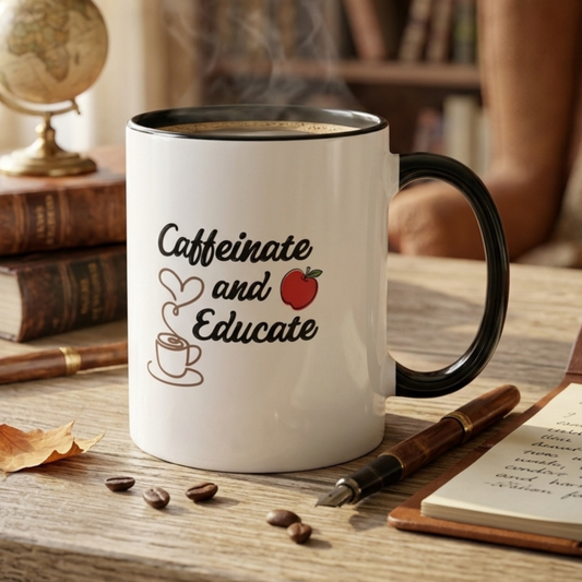 Caffeinate and Educate Mug - Funny Teacher Coffee Mug, Cute Apple Heart Steam Design, Teacher Appreciation Gift, Back to School Coffee Cup 11oz/15oz