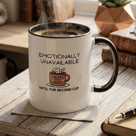 Emotionally Unavailable Until the Second Cup - Funny Coffee Mug - Sarcastic Grumpy Morning Mug, Novelty Ceramic Coffee Cup, Coffee Lover Gift 11oz/15oz