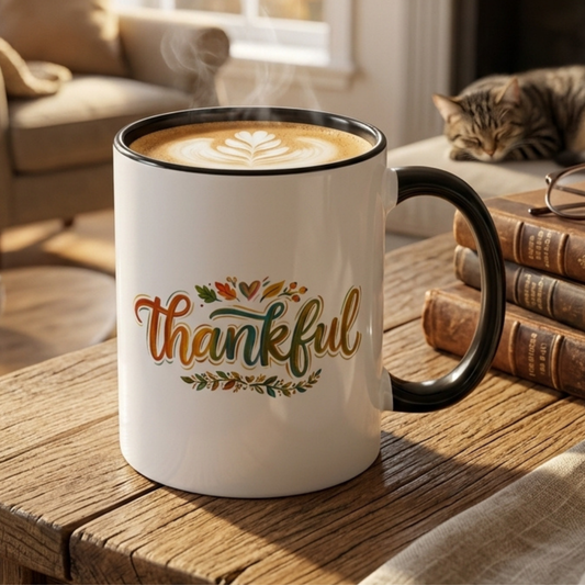 Thankful Watercolor Mug | Hand Lettered Fall Coffee Cup | Autumn Leaves Heart Design | Cottagecore Farmhouse Decor 11oz/15oz