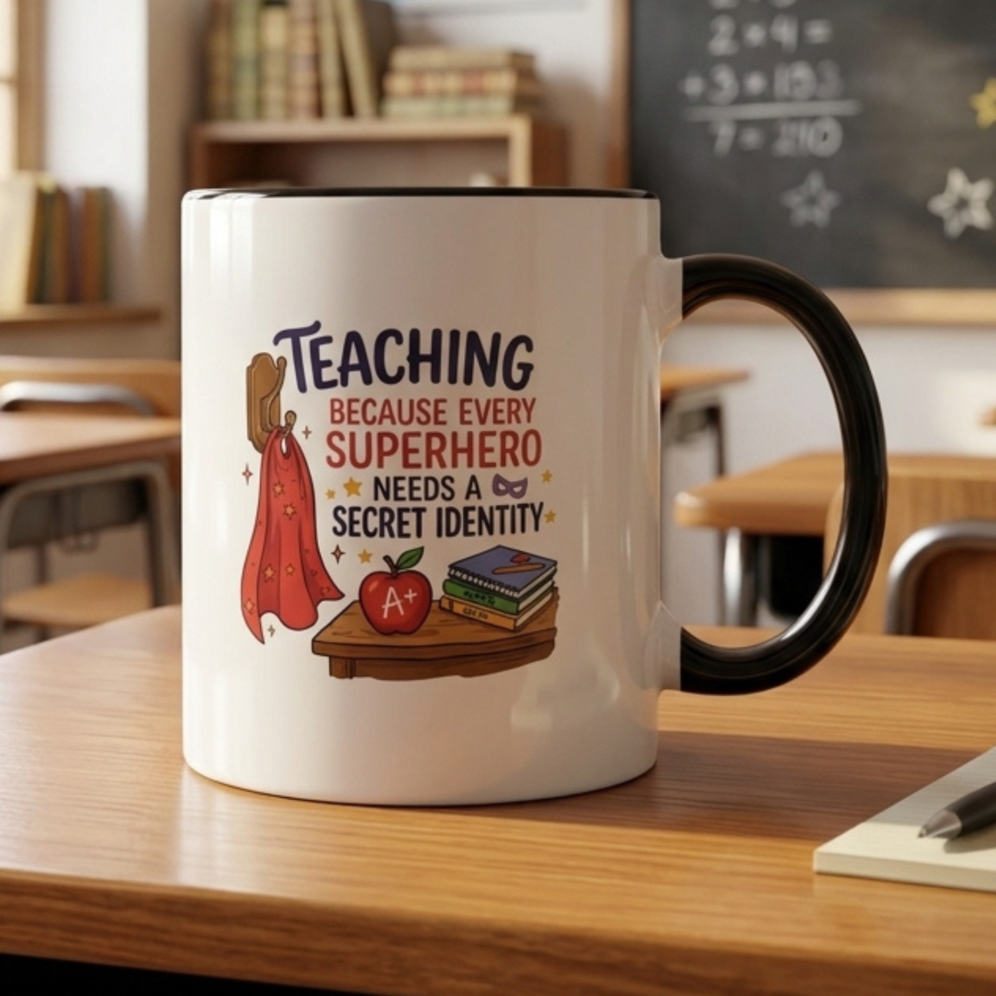 Teaching Because Every Superhero Needs a Secret Identity Mug – Funny Superhero Teacher Gift, Back to School Coffee Mug, Cape & Apple Design 11oz/15oz