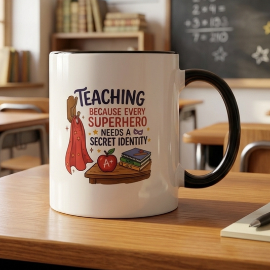 Teaching Because Every Superhero Needs a Secret Identity Mug – Funny Superhero Teacher Gift, Back to School Coffee Mug, Cape & Apple Design 11oz/15oz