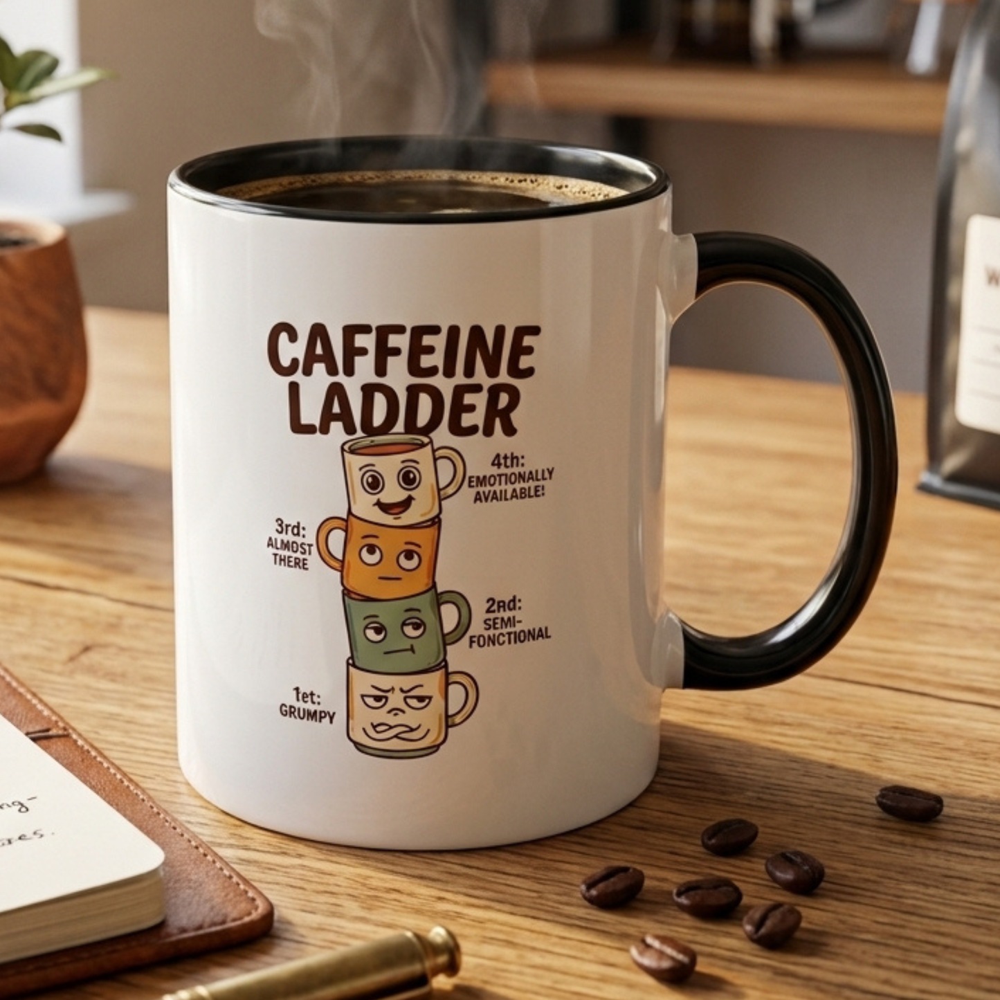 Caffeine Ladder Mug - Funny Coffee Mug with Stacked Mood Mugs, Grumpy to Emotionally Available Coffee Cup, Cute Coffee Lover Gift 11oz/15oz