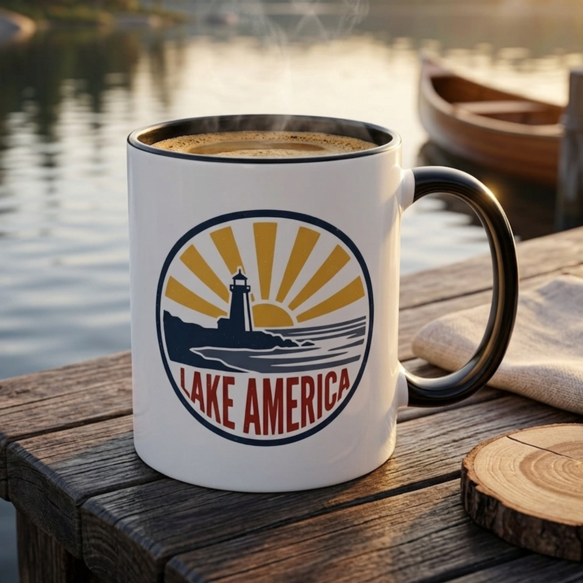 Lake America Mug - Funny Patriotic Coffee Cup, Retro Vintage Sunset Badge, Novelty Coastal Americana Gift 11oz/15oz