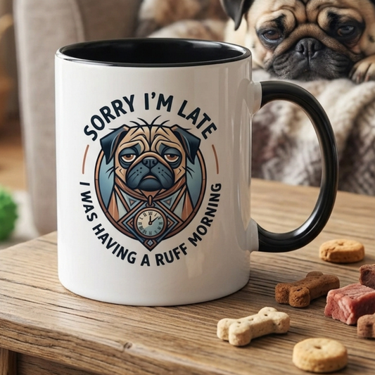 Sorry I'm Late, I Was Having a Ruff Morning Funny Pug Mug / Cute Dog Lover Coffee Cup, Sarcastic Pug Gift, Novelty Ceramic Mug 11oz/15oz