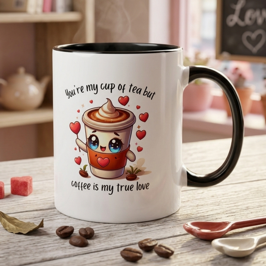 You're My Cup of Tea But Coffee Is My True Love - Funny Coffee Mug – Cute Kawaii Coffee Cup Character Design, Valentine's Day Coffee Lover Gift, Novelty Ceramic Mug 11oz/15oz