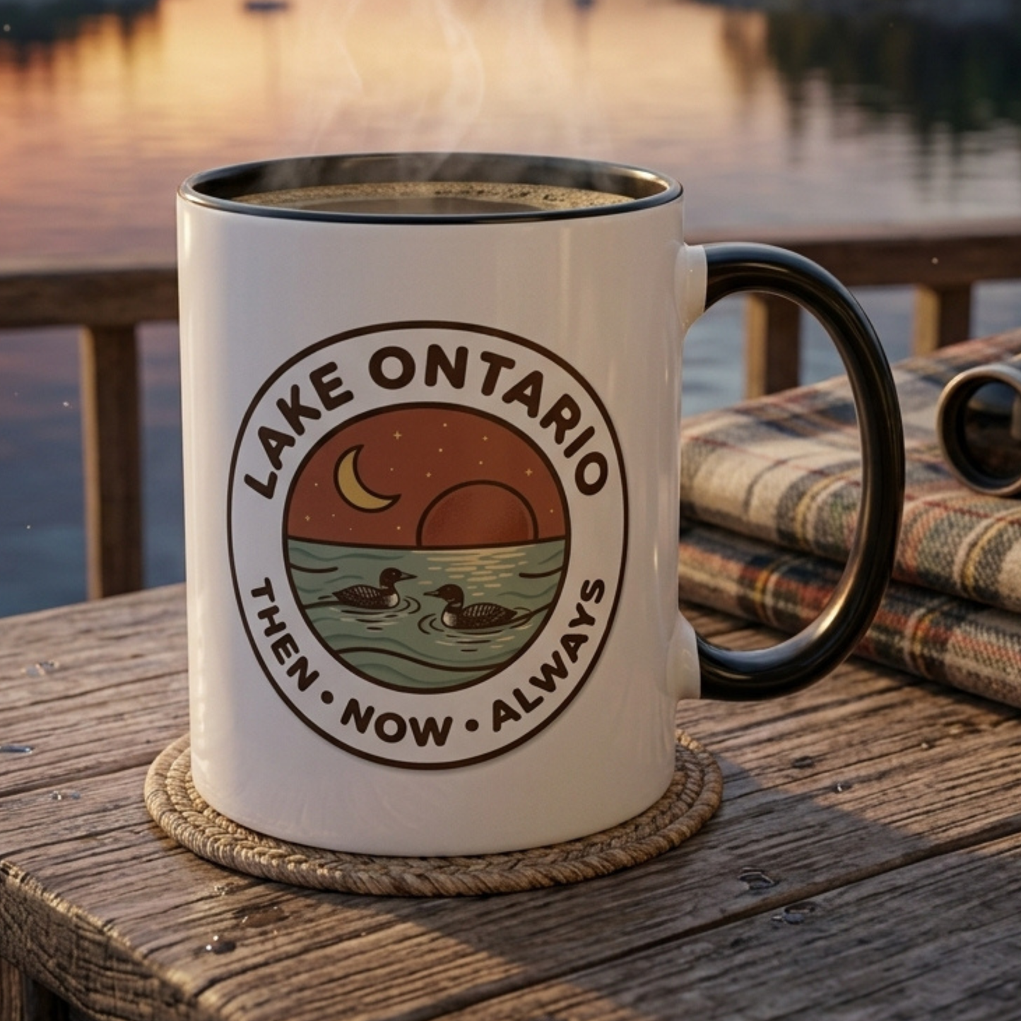 Lake Ontario Mug - Then Now Always, Canadian Loon Sunset Coffee Cup, Retro Nature Badge for Cottage & Lake Lovers 11oz/15oz