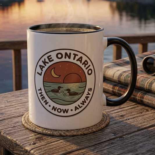Lake Ontario Mug - Then Now Always, Canadian Loon Sunset Coffee Cup, Retro Nature Badge for Cottage & Lake Lovers 11oz/15oz