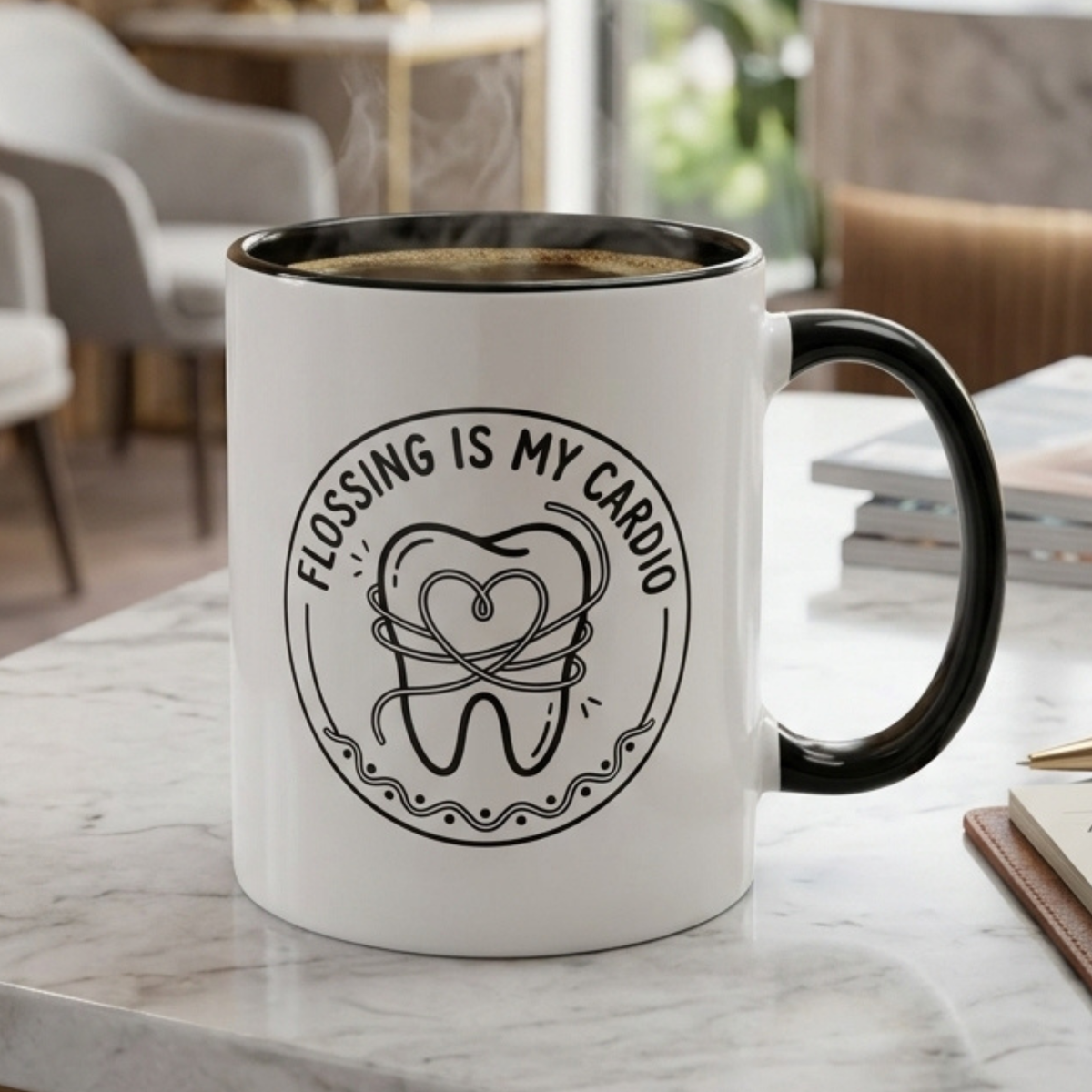 Flossing Is My Cardio Dentist Mug - Funny Dental Hygienist Coffee Mug, Tooth & Floss Line Art Design, Dental Assistant Gift, Oral Hygiene Ceramic Mug 11oz/15oz
