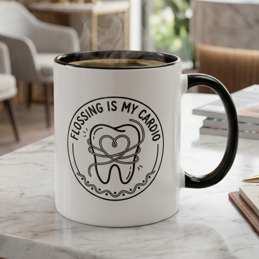 Flossing Is My Cardio Dentist Mug - Funny Dental Hygienist Coffee Mug, Tooth & Floss Line Art Design, Dental Assistant Gift, Oral Hygiene Ceramic Mug 11oz/15oz
