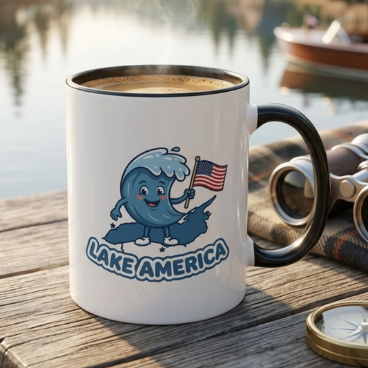 Lake America Mug - Cute Wave Mascot Coffee Cup, Funny Patriotic USA Flag Gift, Kawaii Novelty Mug for Lake Lovers 11oz/15oz