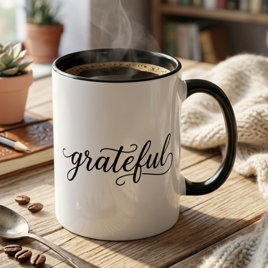 Grateful Mug - Elegant Script Calligraphy Coffee Cup, Inspirational Gratitude Gift, Minimalist Farmhouse Kitchen Decor 11oz/15oz