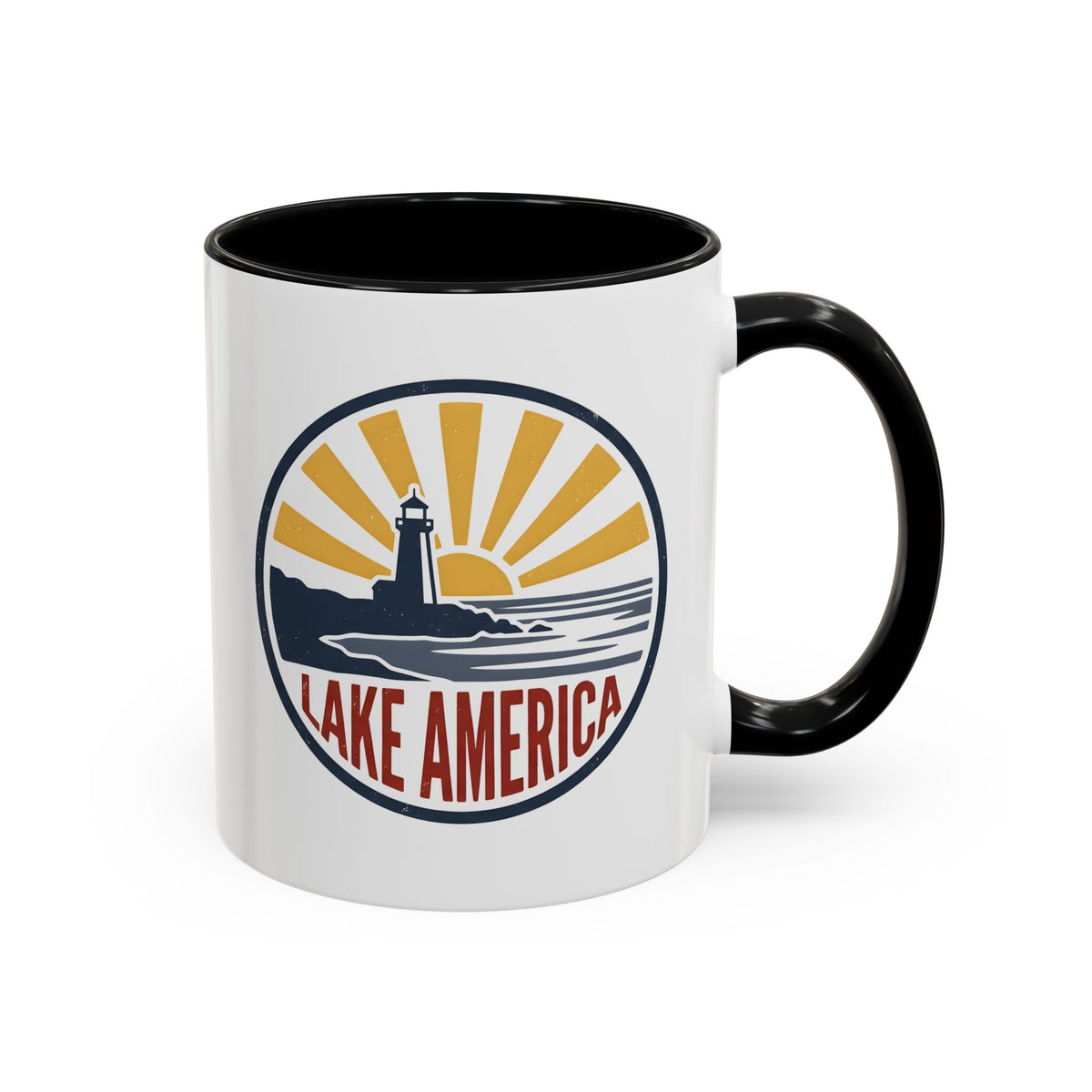 Lake America Mug - Funny Patriotic Coffee Cup, Retro Vintage Sunset Badge, Novelty Coastal Americana Gift 11oz/15oz