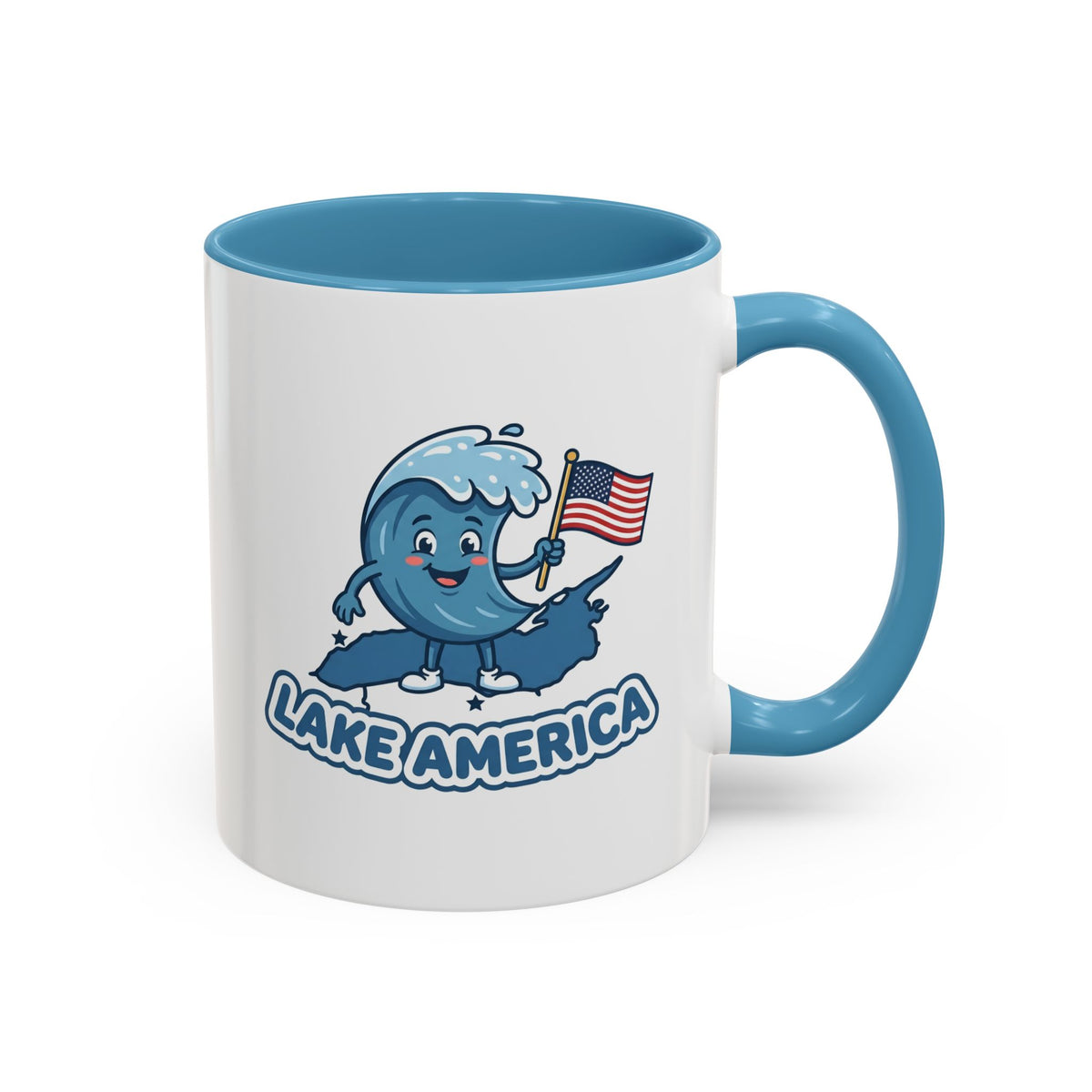 Lake America Mug - Cute Wave Mascot Coffee Cup, Funny Patriotic USA Flag Gift, Kawaii Novelty Mug for Lake Lovers 11oz/15oz