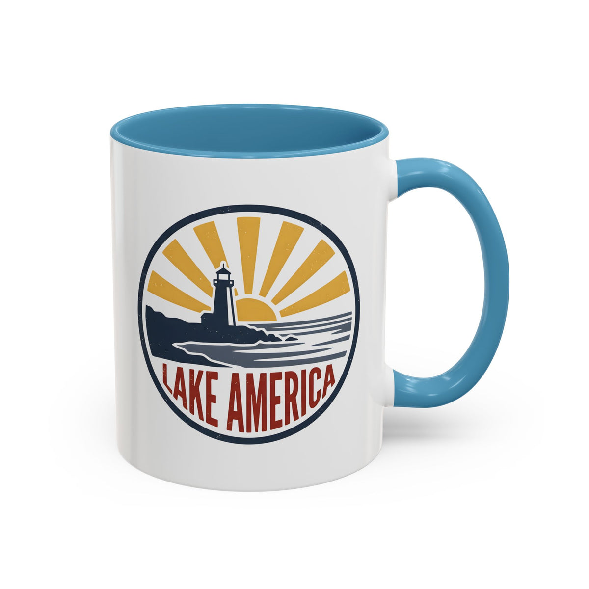 Lake America Mug - Funny Patriotic Coffee Cup, Retro Vintage Sunset Badge, Novelty Coastal Americana Gift 11oz/15oz