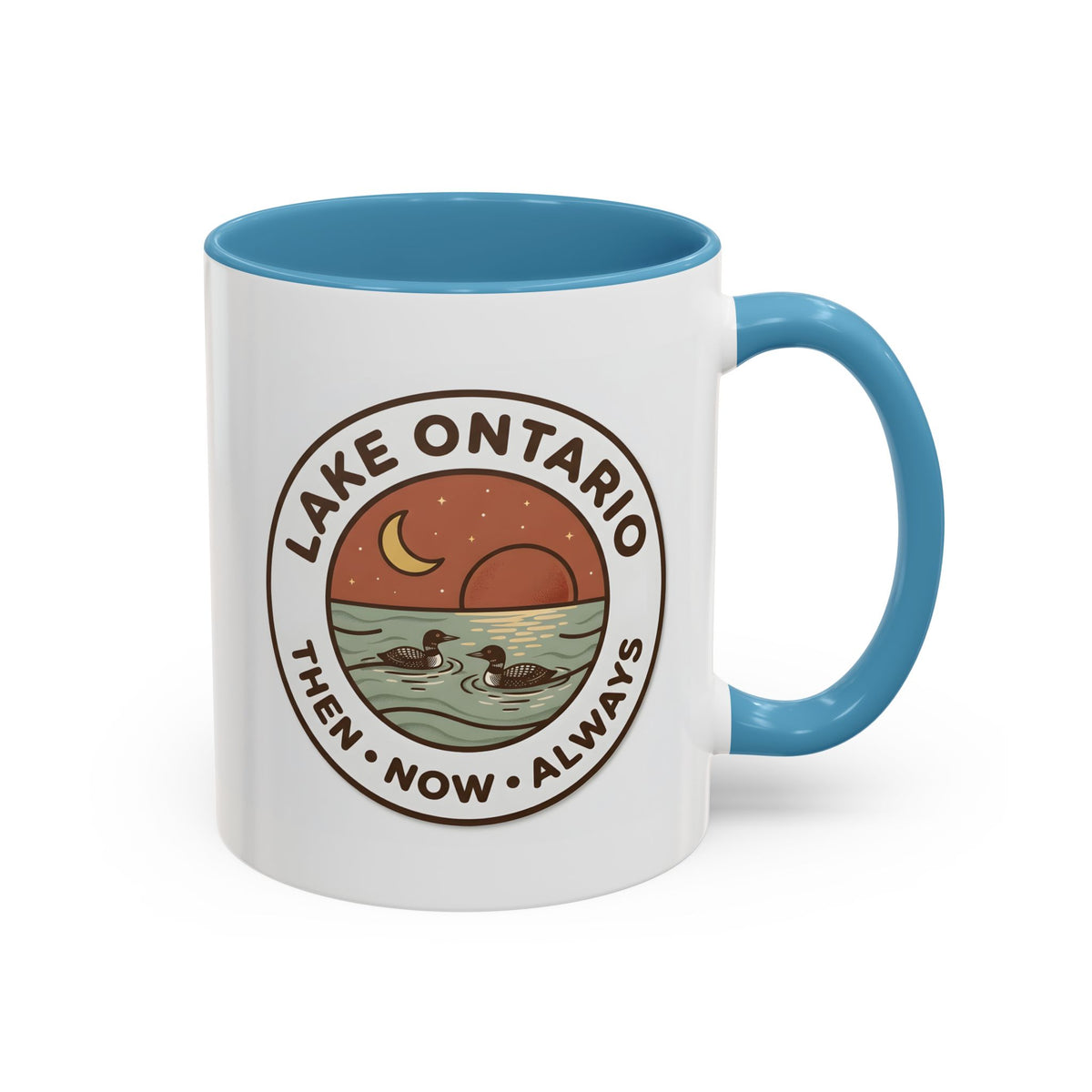 Lake Ontario Mug - Then Now Always, Canadian Loon Sunset Coffee Cup, Retro Nature Badge for Cottage & Lake Lovers 11oz/15oz