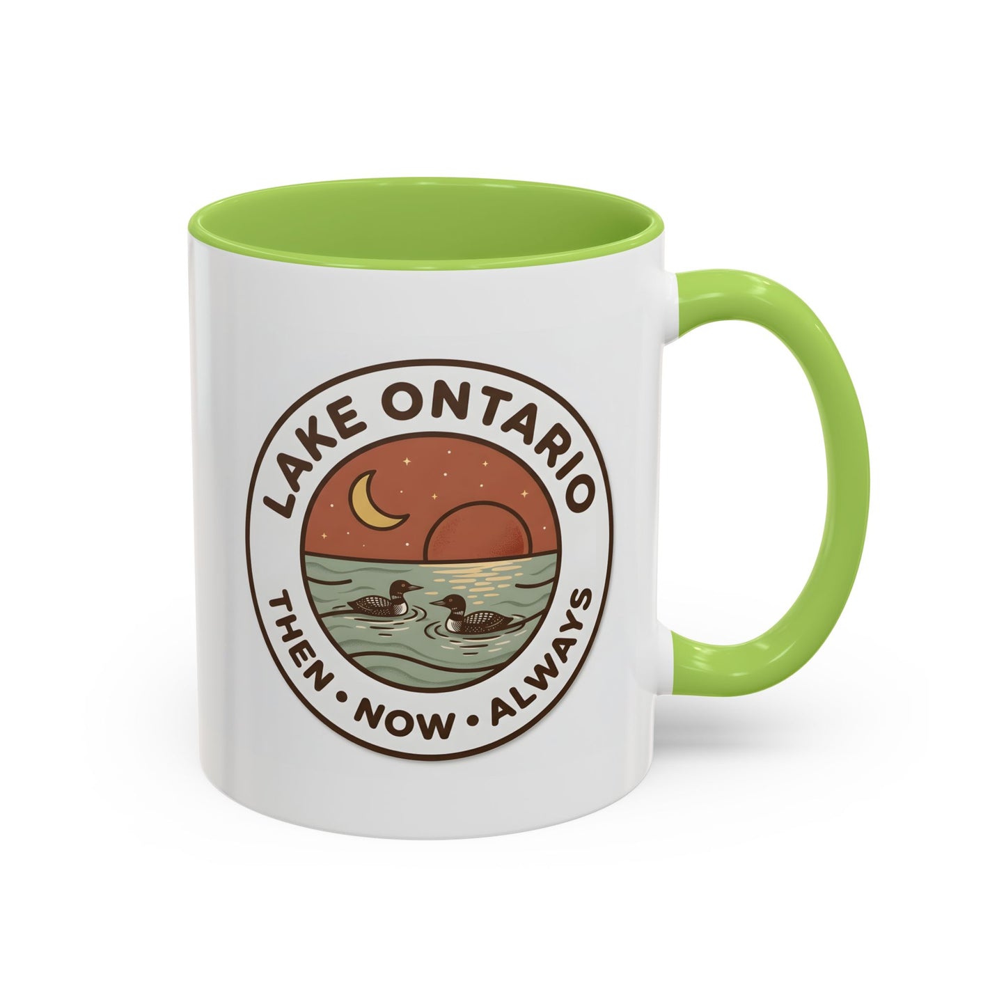 Lake Ontario Mug - Then Now Always, Canadian Loon Sunset Coffee Cup, Retro Nature Badge for Cottage & Lake Lovers 11oz/15oz