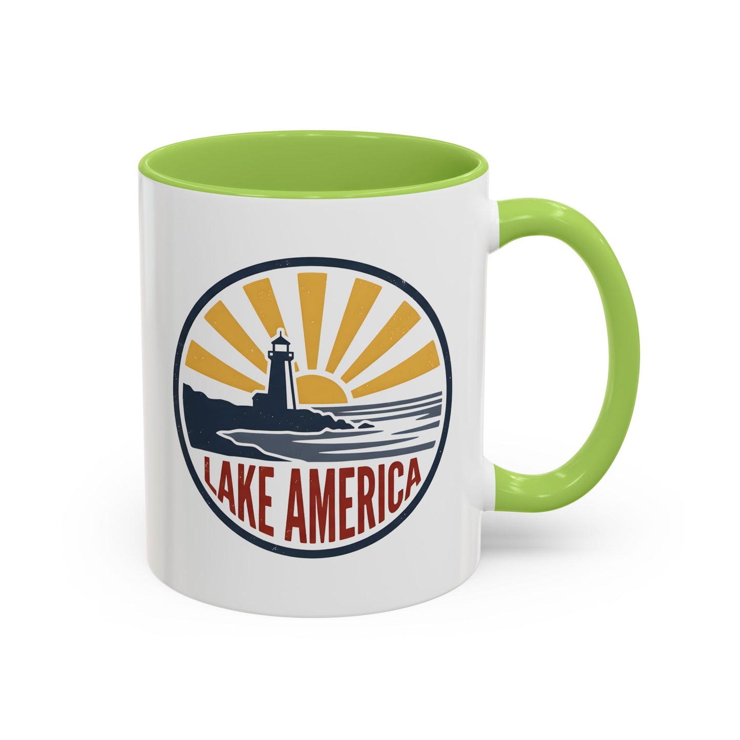 Lake America Mug - Funny Patriotic Coffee Cup, Retro Vintage Sunset Badge, Novelty Coastal Americana Gift 11oz/15oz
