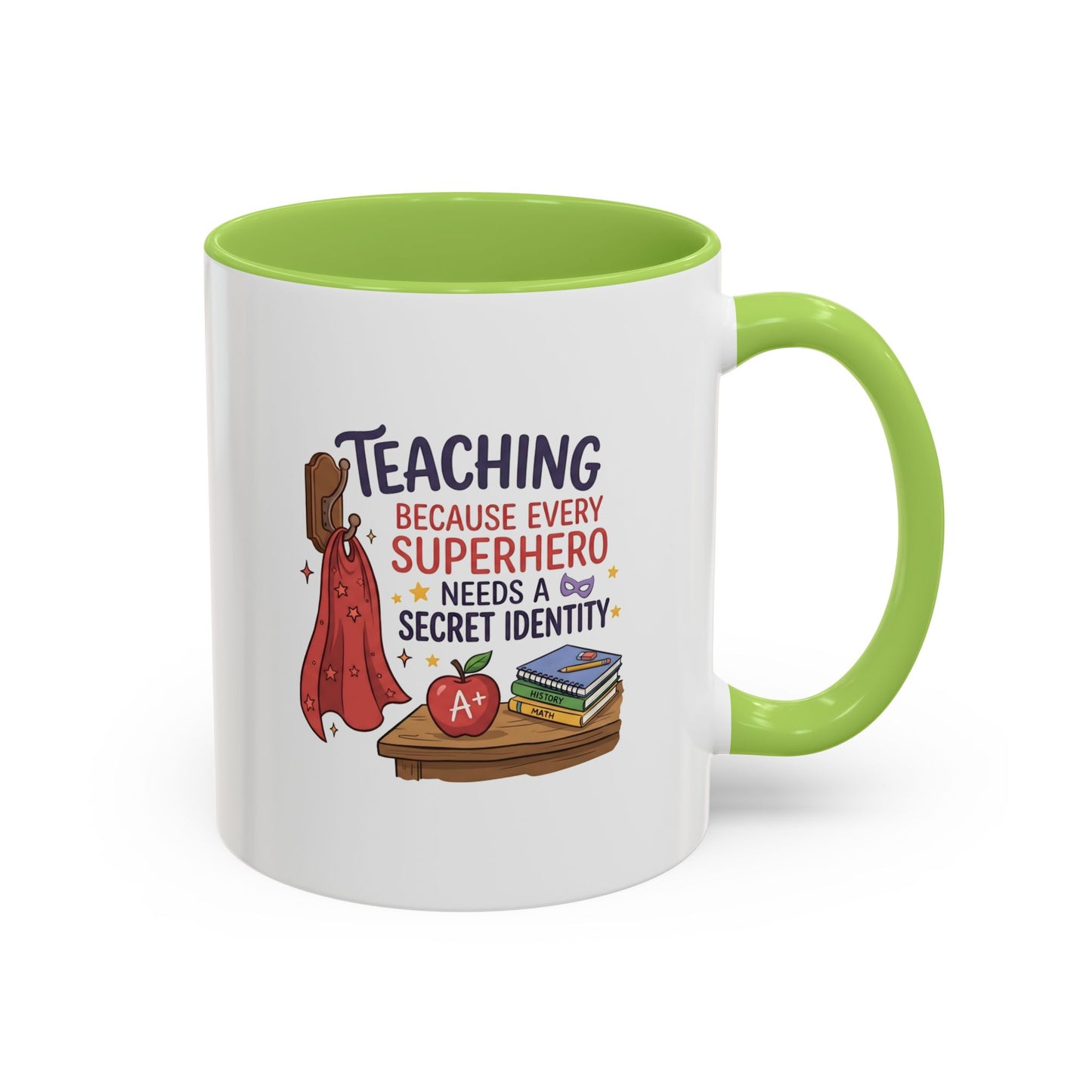 Teaching Because Every Superhero Needs a Secret Identity Mug – Funny Superhero Teacher Gift, Back to School Coffee Mug, Cape & Apple Design 11oz/15oz
