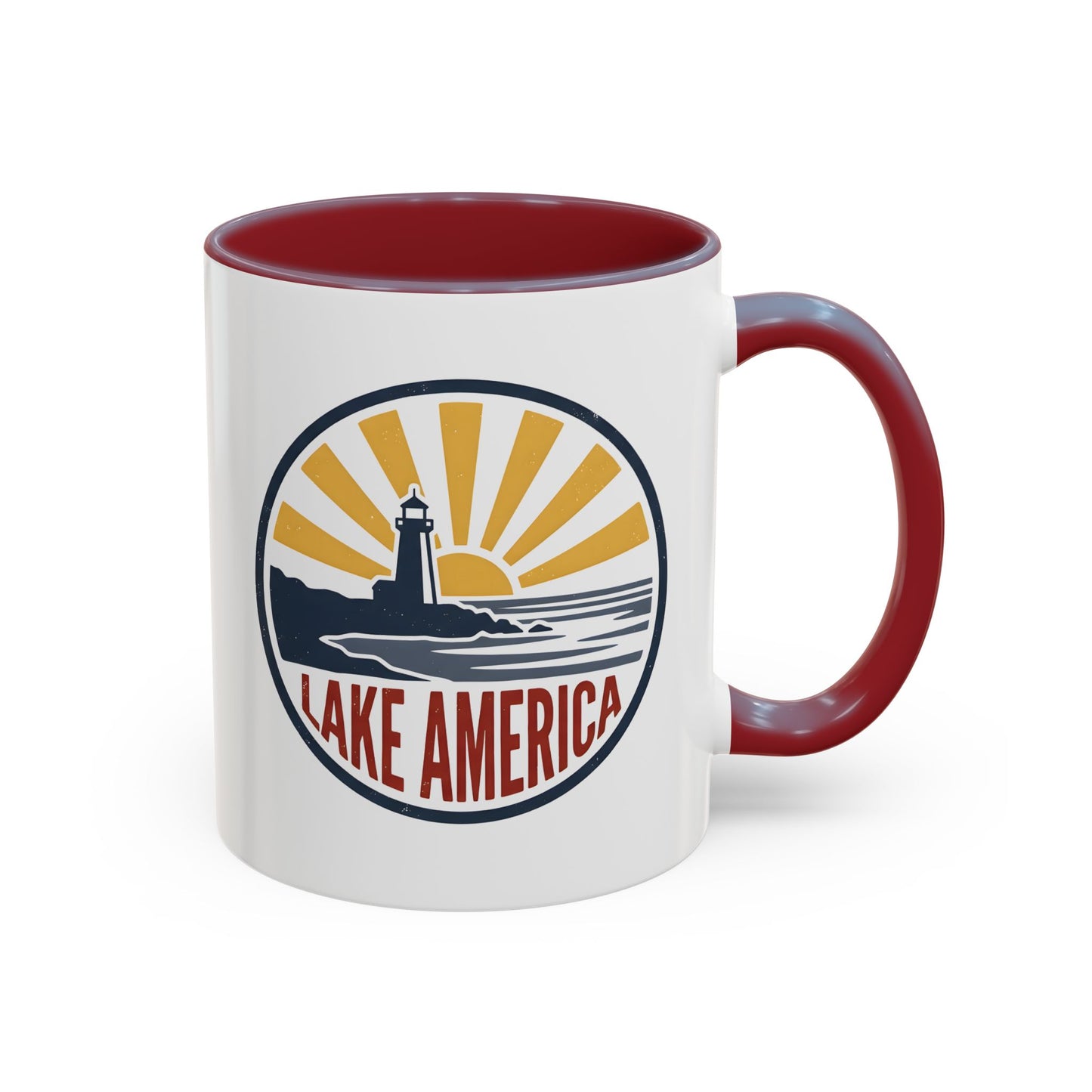 Lake America Mug - Funny Patriotic Coffee Cup, Retro Vintage Sunset Badge, Novelty Coastal Americana Gift 11oz/15oz