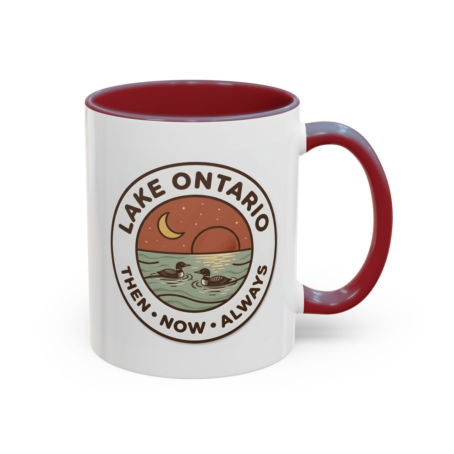 Lake Ontario Mug - Then Now Always, Canadian Loon Sunset Coffee Cup, Retro Nature Badge for Cottage & Lake Lovers 11oz/15oz