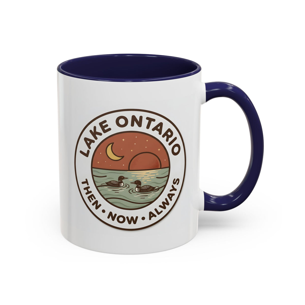 Lake Ontario Mug - Then Now Always, Canadian Loon Sunset Coffee Cup, Retro Nature Badge for Cottage & Lake Lovers 11oz/15oz