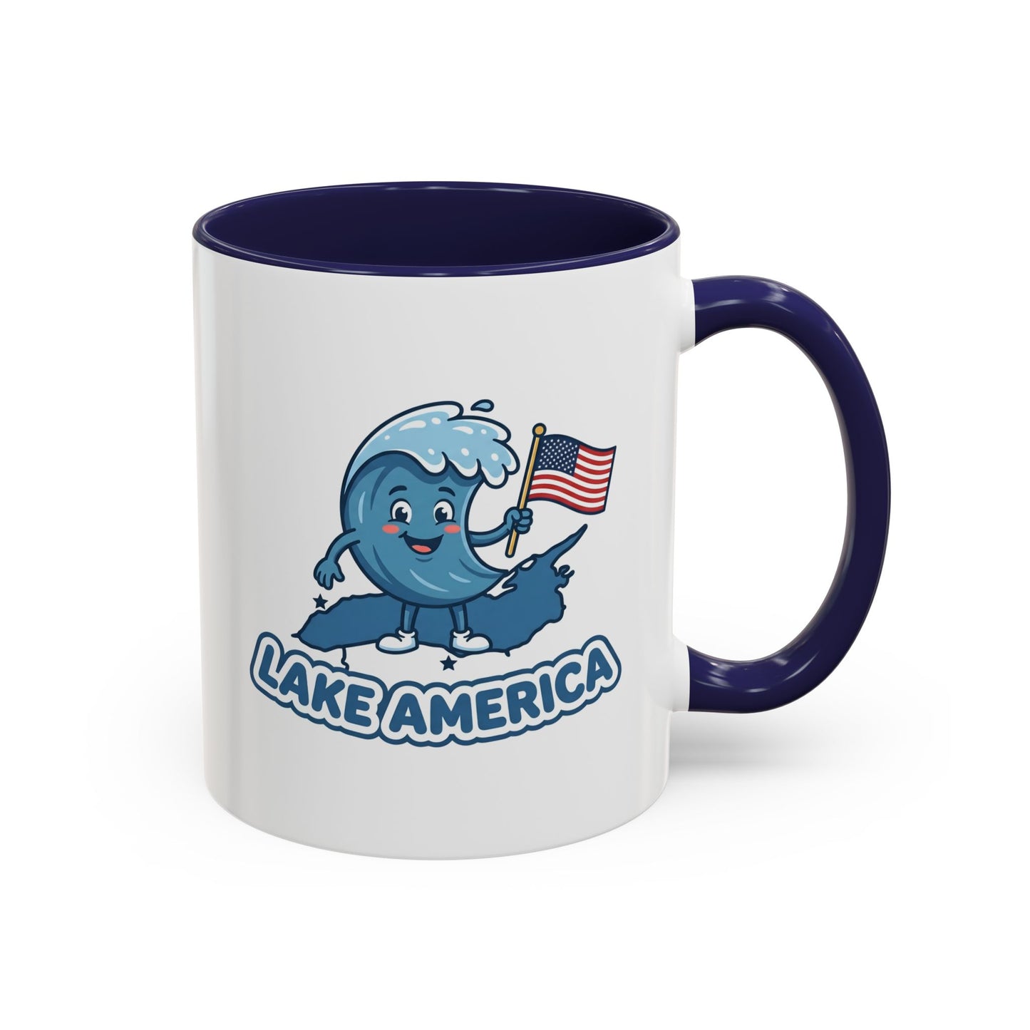 Lake America Mug - Cute Wave Mascot Coffee Cup, Funny Patriotic USA Flag Gift, Kawaii Novelty Mug for Lake Lovers 11oz/15oz