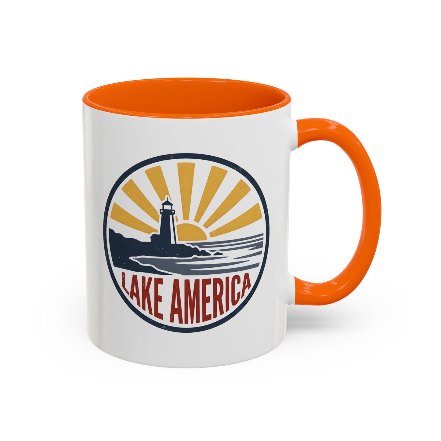 Lake America Mug - Funny Patriotic Coffee Cup, Retro Vintage Sunset Badge, Novelty Coastal Americana Gift 11oz/15oz
