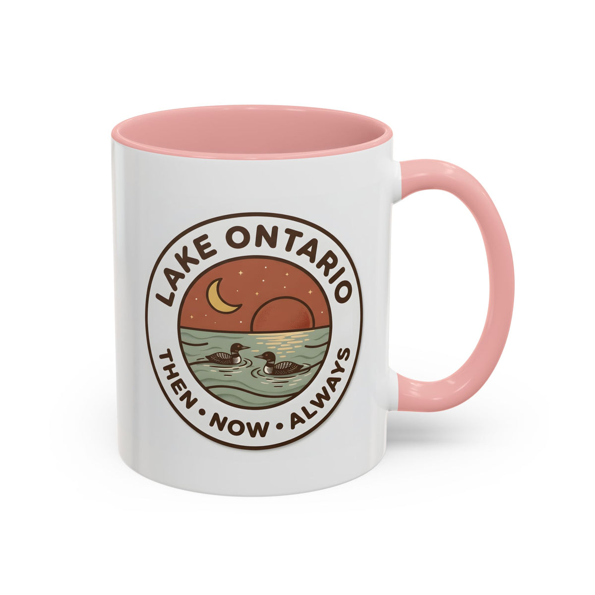 Lake Ontario Mug - Then Now Always, Canadian Loon Sunset Coffee Cup, Retro Nature Badge for Cottage & Lake Lovers 11oz/15oz
