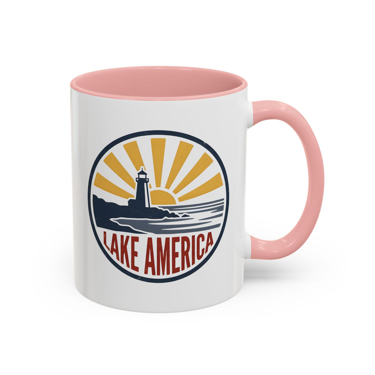 Lake America Mug - Funny Patriotic Coffee Cup, Retro Vintage Sunset Badge, Novelty Coastal Americana Gift 11oz/15oz