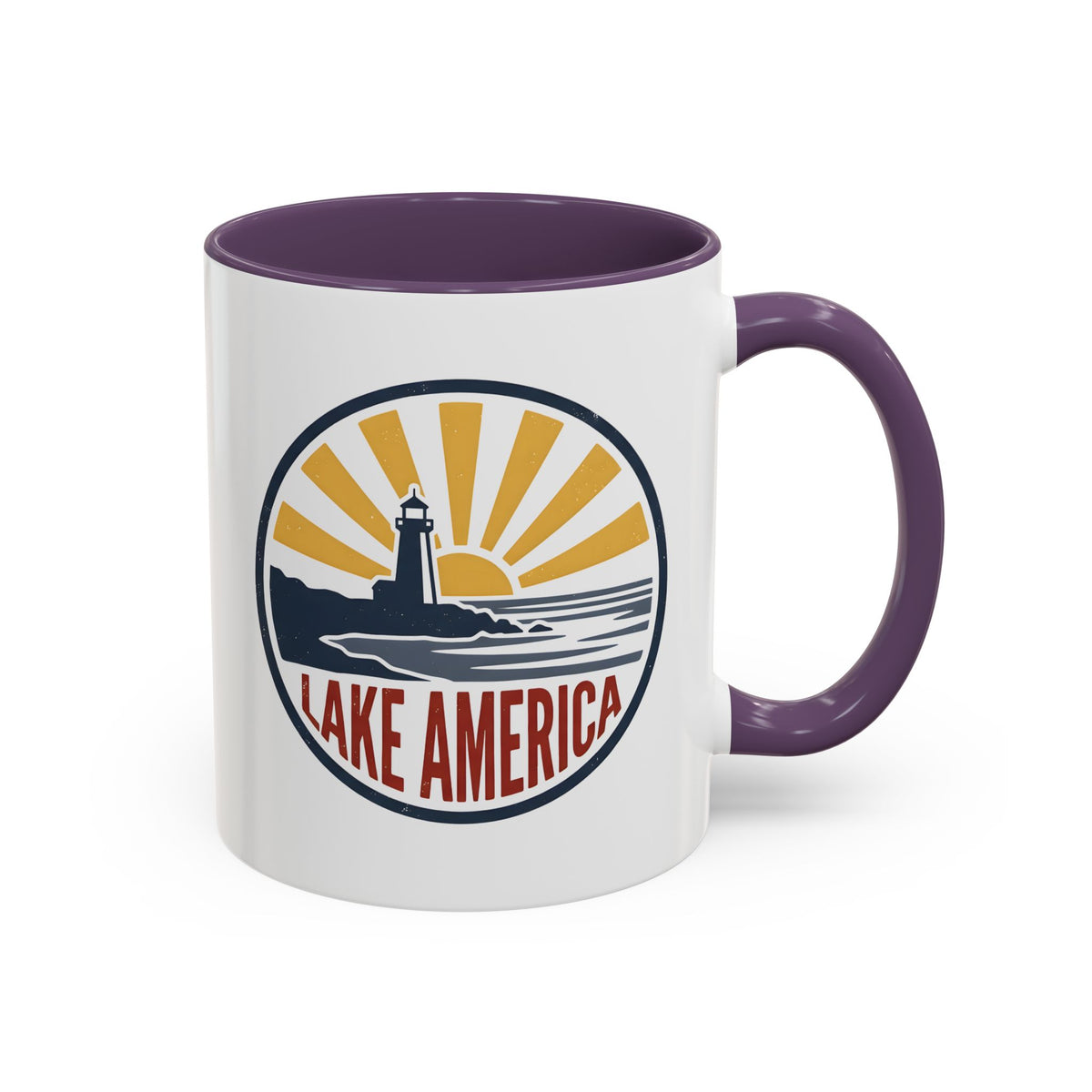 Lake America Mug - Funny Patriotic Coffee Cup, Retro Vintage Sunset Badge, Novelty Coastal Americana Gift 11oz/15oz