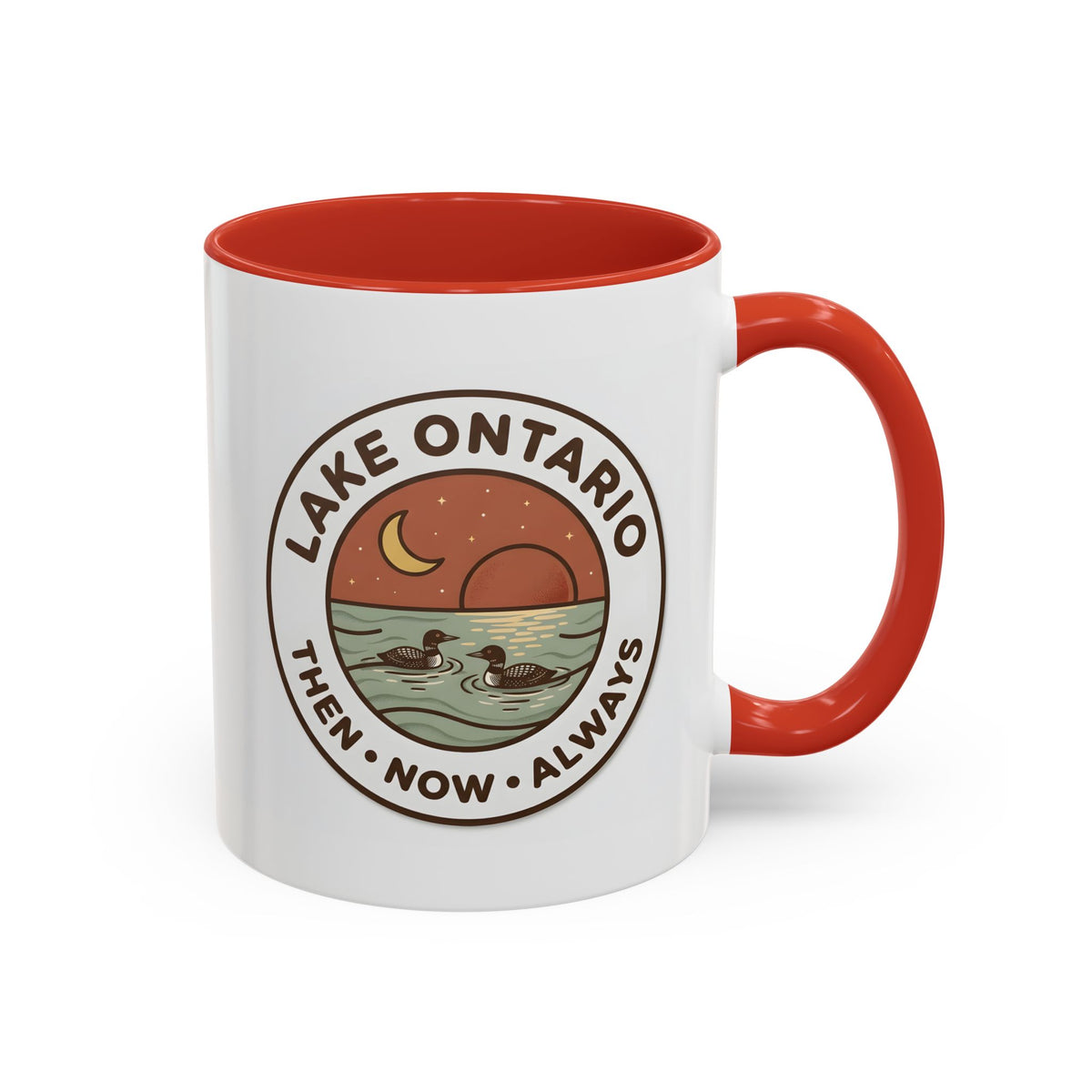 Lake Ontario Mug - Then Now Always, Canadian Loon Sunset Coffee Cup, Retro Nature Badge for Cottage & Lake Lovers 11oz/15oz