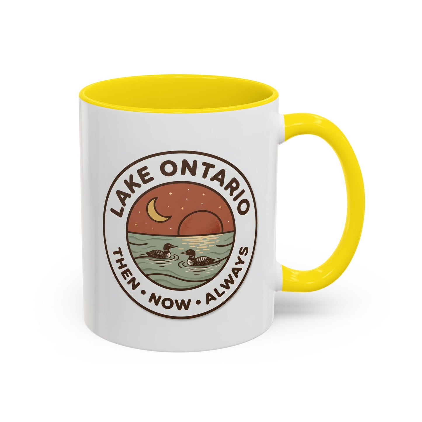 Lake Ontario Mug - Then Now Always, Canadian Loon Sunset Coffee Cup, Retro Nature Badge for Cottage & Lake Lovers 11oz/15oz