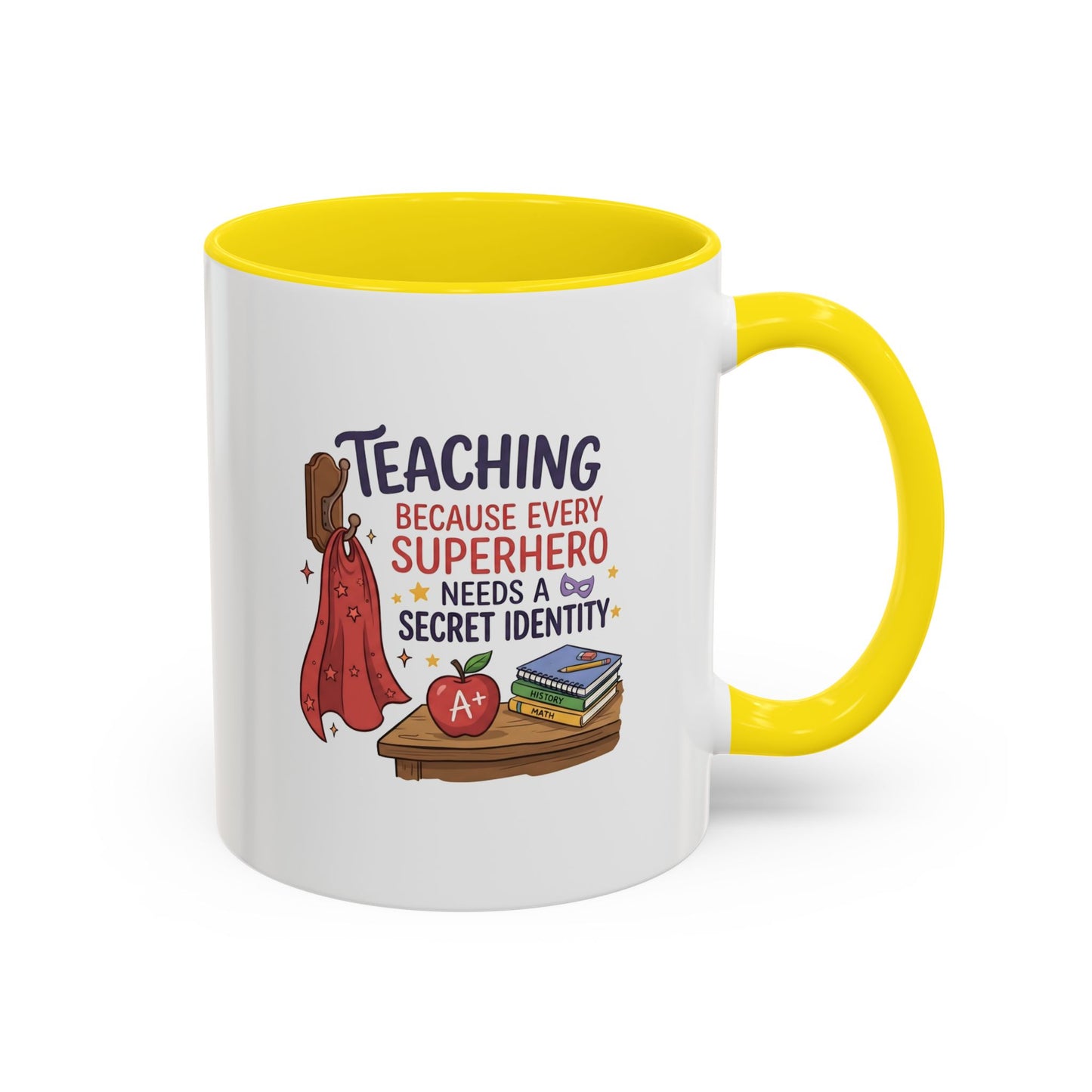 Teaching Because Every Superhero Needs a Secret Identity Mug – Funny Superhero Teacher Gift, Back to School Coffee Mug, Cape & Apple Design 11oz/15oz